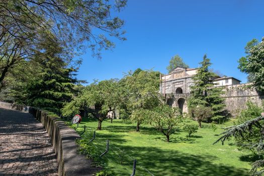 Landscape on the old gate named Porta Sant Agostino. It is one of the four access doors to the upper town. Bergamo, ITALY - May 6, 2019.