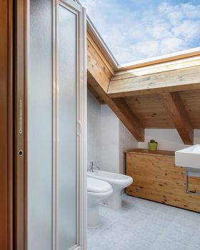 Practical, cozy bathroom with toilet, cabinet and sink. Roof with exposed wooden beams and sky window.