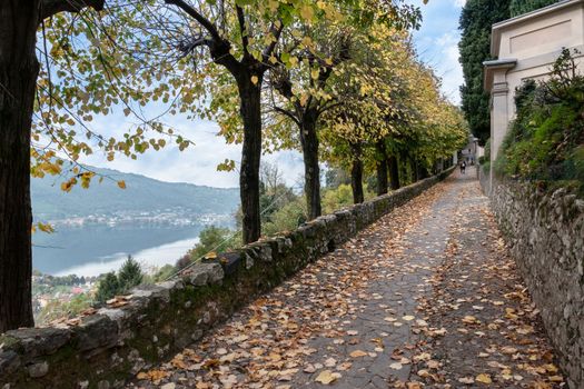 Path leading to the sanctuary of San Girolamo. Vercurago (LC), ITALY - November 1, 2019.