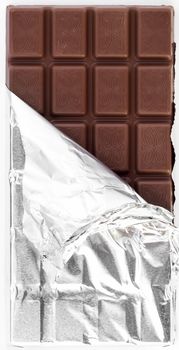 Chocolate bar opened and wrapped in tinfoil. Dessert photo in flat style.