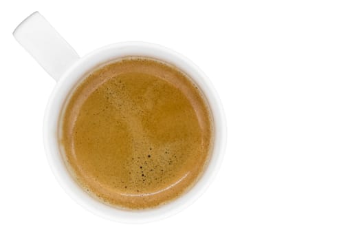 Cup of coffe. Cup of fresh espresso on white background, view from above with copy space.