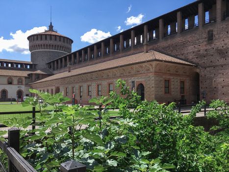 Inside the Sforza Castle (Castello Sforzesco) in Milan (ITALY). One of the main travel attractions of Milan, this castle was built in 15th century by Duke of Milan Francesco Sforza. Milan, ITALY - July 7, 2020.