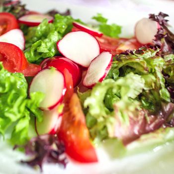 Fresh vegetable salad. Close up of a salad with lettuce and fresh vegetable.