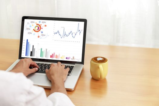 Businessman analyzing statistics on laptop screen, Hands man use laptop working with financial graphs charts online, Business and financial concept, With copy sapce