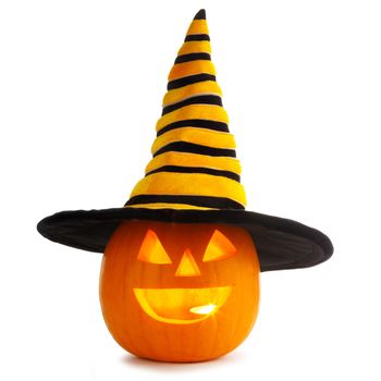 Jack O Lantern Halloween pumpkin in witches hat isolated on white background