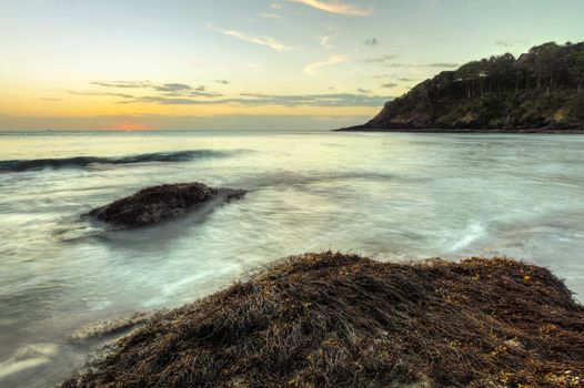 Ocean waves washing the rocks covered with algae and sea weed in sunset light. Koh Lanta, Thailand