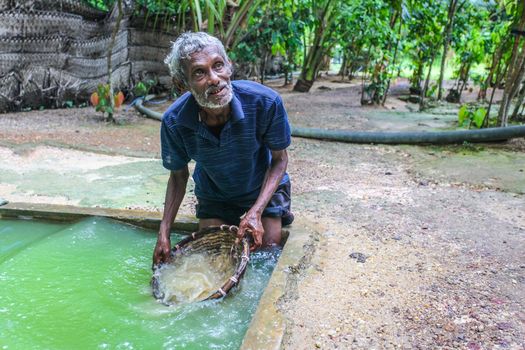 Galle, Sri Lanka - April 14, 2017: Local man knee deep in hole full of water showing tourists how moonstones (semi precious gems) are extracted in moonstone mine.