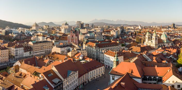 Panoramic view of Ljubljana, capital of Slovenia, at sunset. Empty streets of Slovenian capital during corona virus pandemic social distancing measures in 2020.
