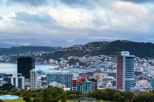 View over Wellington skyline and harbour from near Carter Observatory and Cable Car in Wellington, New Zealand