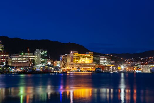 View over Wellington skyline and harbour at dusk in Wellington, New Zealand