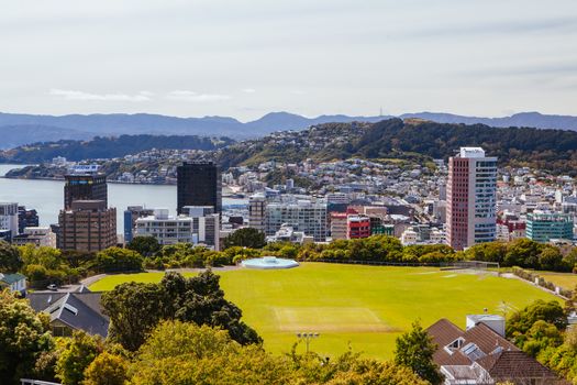 View over Wellington skyline and harbour from near Carter Observatory and Cable Car in Wellington, New Zealand