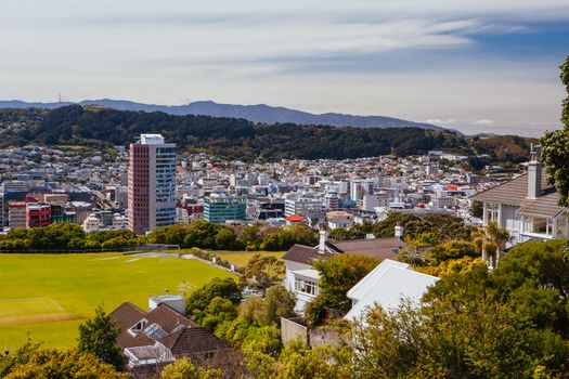 View over Wellington skyline and harbour from near Carter Observatory and Cable Car in Wellington, New Zealand