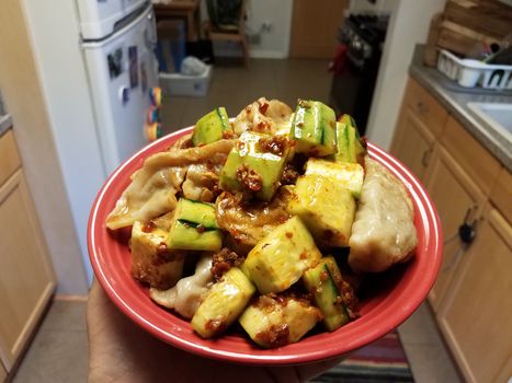 hand holding red bowl with Chinese dumplings and cucumber and chili sauce