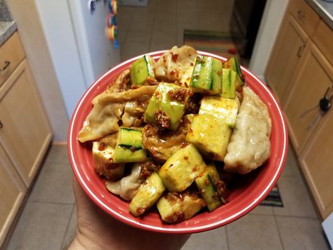 hand holding red bowl with Chinese dumplings and cucumber and chili sauce