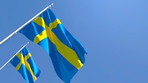 3D rendering of the national flag of Sweden waving in the wind against a blue sky