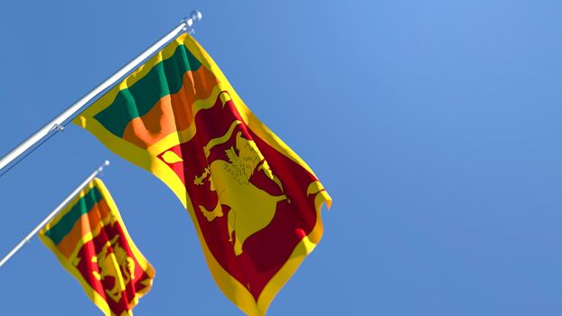 3D rendering of the national flag of Sri Lanka waving in the wind against a blue sky