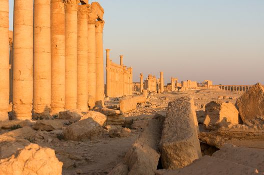 Palmyre Syria 2009 This ancient site has many Roman ruins, these standing columns shot in late afternoon sun with the citadel on the hill in the background . High quality photo