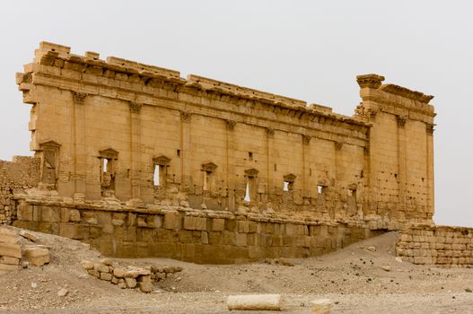 Palmyre Syria 2009 This ancient site has many Roman ruins, these standing columns shot in late afternoon sun with the citadel on the hill in the background . High quality photo