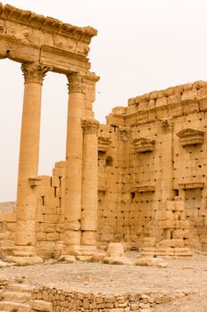 Palmyre Syria 2009 This ancient site has many Roman ruins, these standing columns shot in late afternoon sun with the citadel on the hill in the background . High quality photo