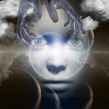 Woman face in space. Hands of creator. 3D rendering