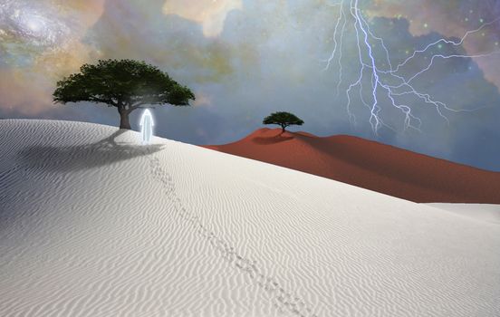 Figure in cloak stands in desert. Green tree at the horizon. Starry sky. 3D rendering