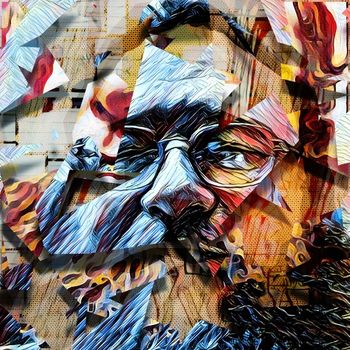 Abstract painting. Man face in glasses. 3D rendering