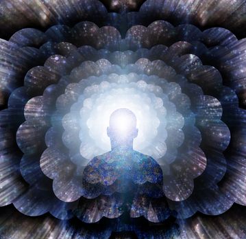 Man in lotus position sits before endless spaces. 3D rendering
