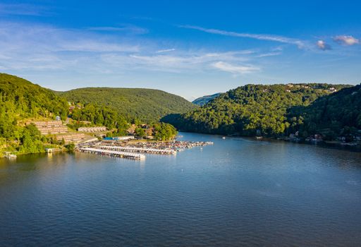 Wide panoramic view of Cheat Lake near Morgantown in West Virginia from aerial drone shot above the water