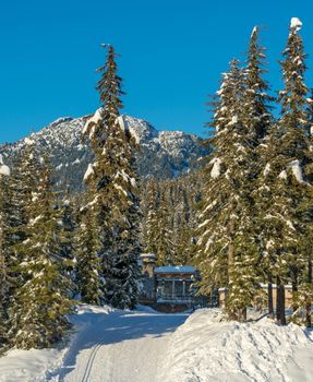 Pathway to a tourist shelter of a ski resort on the winter season.