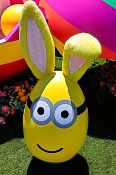 OSAKA, JAPAN - June 17, 2020 : Statue of HAPPY MINION easter version in Universal Studios Japan.Minions are famous character from Despicable Me animation.Universal Studios Japan reopening after COVID-19 quarantine.