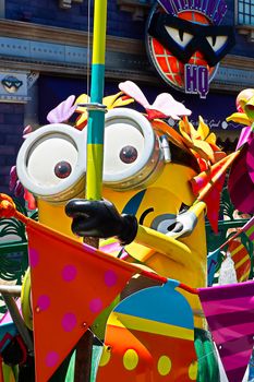 OSAKA, JAPAN - June 17, 2020 : Statue of HAPPY MINION easter version in Universal Studios Japan.Minions are famous character from Despicable Me animation.Universal Studios Japan reopening after COVID-19 quarantine.