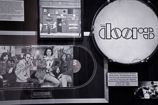 Las Vegas,NV/USA - 31 Oct,2014 : Music Memories Behind The Glass at Hard Rock Hotel Las Vegas.Display of original hand painted the Doors drum head.