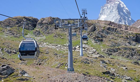 The Matterhorn, the iconic emblem of the Swiss Alps, cablecar, summertime