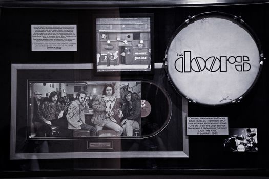 Las Vegas,NV/USA - 31 Oct,2014 : Music Memories Behind The Glass at Hard Rock Hotel Las Vegas.Display of original hand painted the Doors drum head.