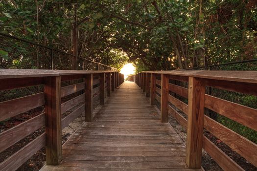 Boardwalk leading toward Delnor Wiggins State Park at sunset in Naples, Florida.