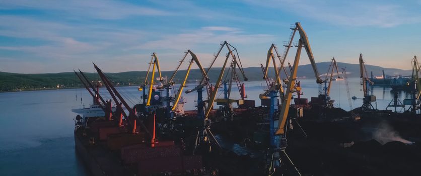 Sea industrial port with port cranes. Sea industrial port with port cranes.