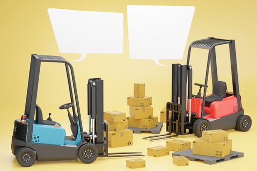 Two forklift trucks with a cardboard box on a pallet and blank text box. Cargo in a warehouse to prepare to be delivered by transport. The concept of online shopping and logistics planning. 3D render.