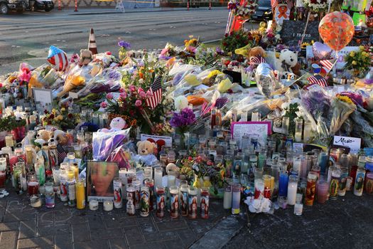 Las Vegas,NV/USA - Oct 07 ,2017 : Memorial Message of the Las Vegas gun shooting victims on the Las Vegas Strip Near the Mandalay Bay. In memory of the 58 victims from the 1 October,2017 shooting.