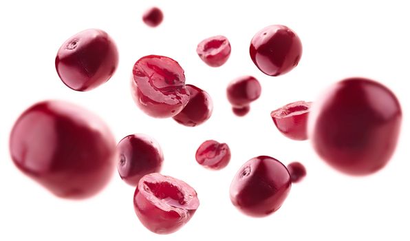 Red cherry berries levitate on a white background.