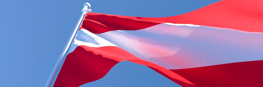 3D rendering of the national flag of Austria waving in the wind against a blue sky.