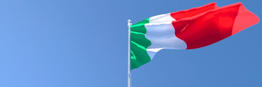 3D rendering of the national flag of Italy waving in the wind against a blue sky