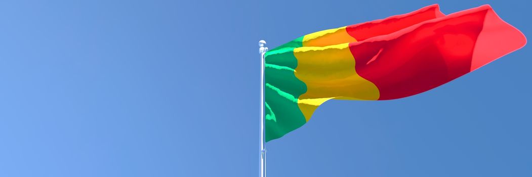 3D rendering of the national flag of Mali waving in the wind against a blue sky
