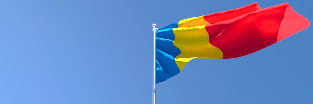 3D rendering of the national flag of Chad waving in the wind against a blue sky