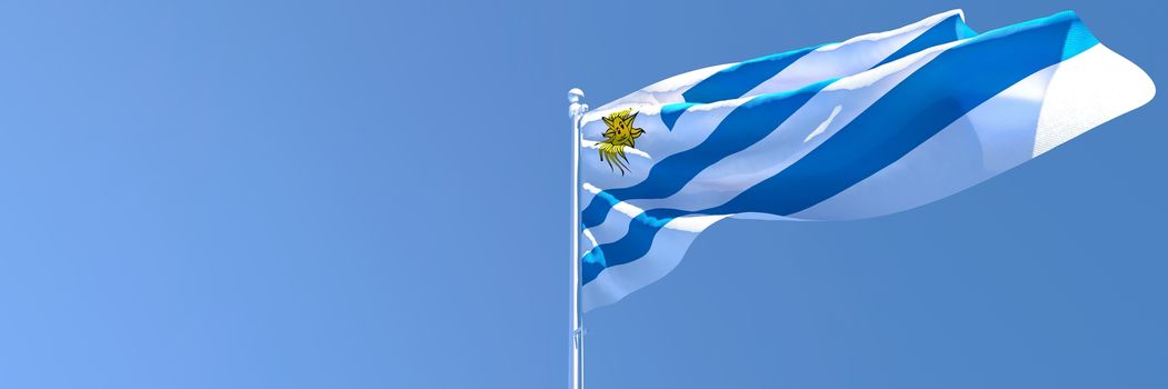 3D rendering of the national flag of Uruguay waving in the wind against a blue sky