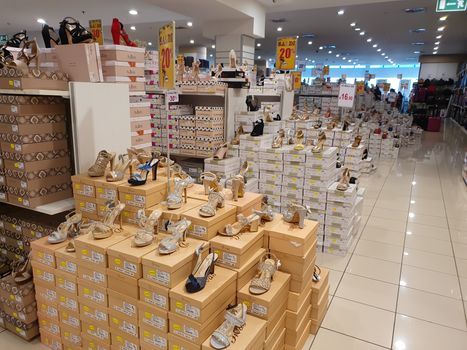 terni.italy august 23 2020:footwear displayed in the store during sales periods