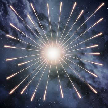 Abstract image of a festive fireworks display with bright sparks against a dark night sky with clouds and stars