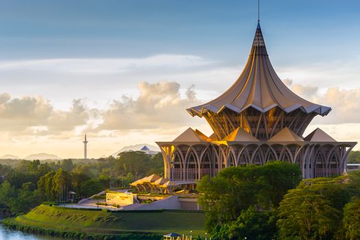 View of the Esplanade on the riverside in Kuching, Malaysia - Borneo during sunset.