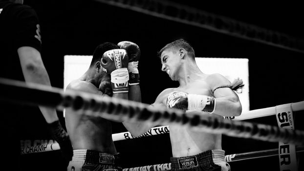 Bangkok, Thailand - November 11, 2018 : Unidentified Thai and foreign boxing players in competition fight ”Muay Thai Super Champ” at Muay Thai Street, Pra-Arthit rd. on Nov 11, 2018