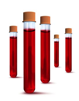 Test tubes full of blood, for medical laboratory analysis and corona virus test, isolated on white background
