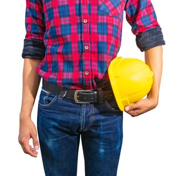 Engineer hold yellow safety helmet plastic construction concept  isolated on white background